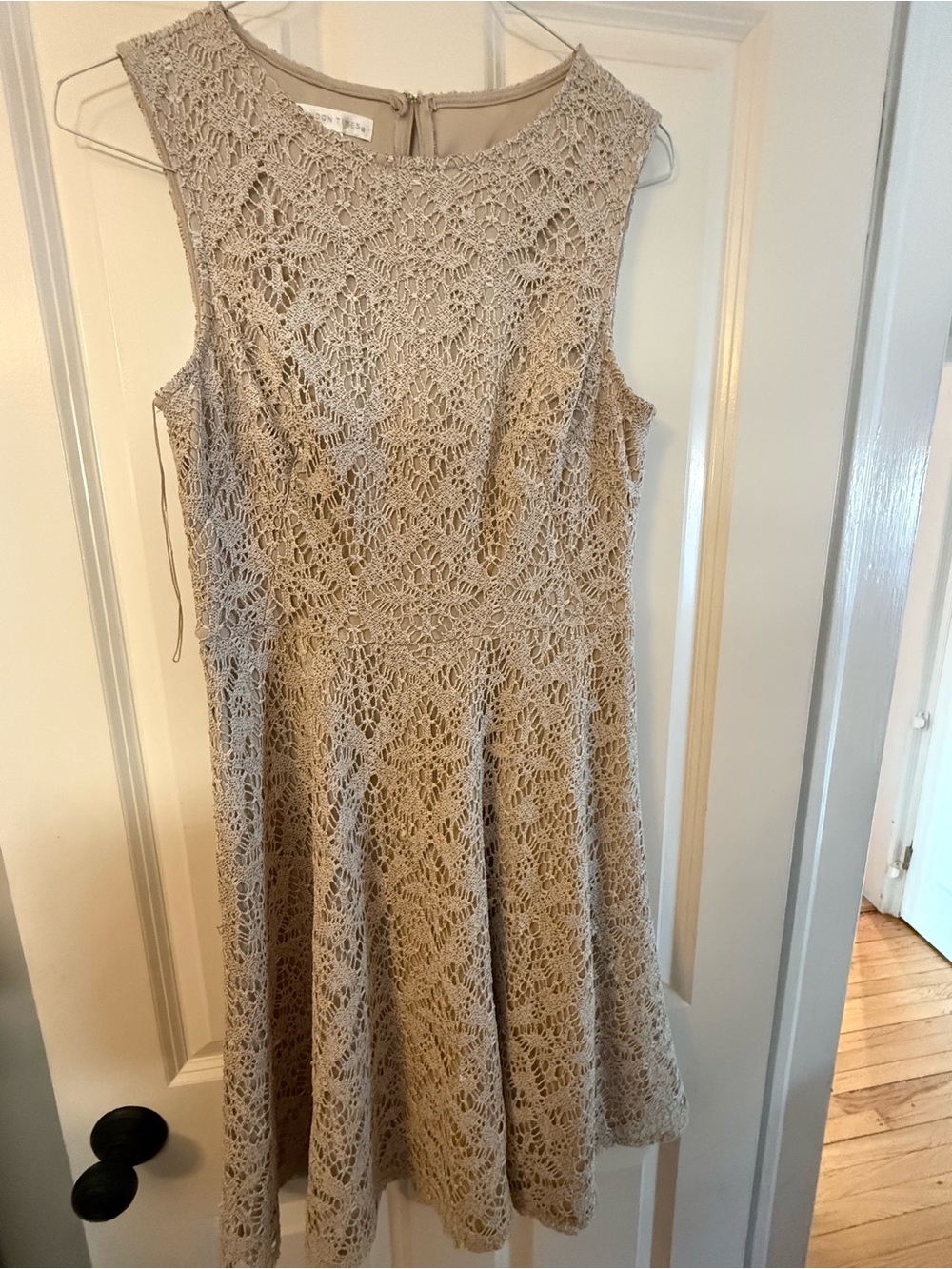 London Times Taupe Crochet Fit-and-Flare Dress